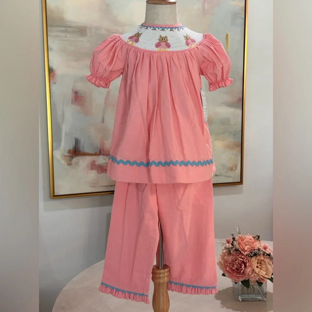 NWT Remember Nguyen Soft Corduroy Fabric w Smocked Owls around Neckline Pant Set